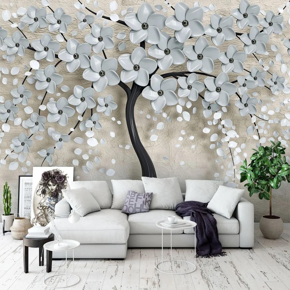 Fototapeta - Strom a šedé kvety (152,5x104 cm)
