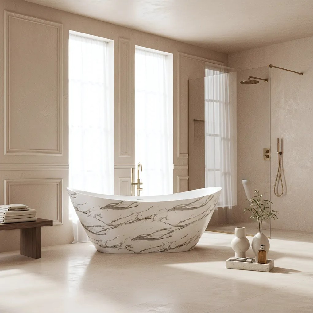 Rea Ferrano Slim, voľne stojaca vaňa 170x73 cm, imitácia kameňa, čierny click-clack, KPL-W6505