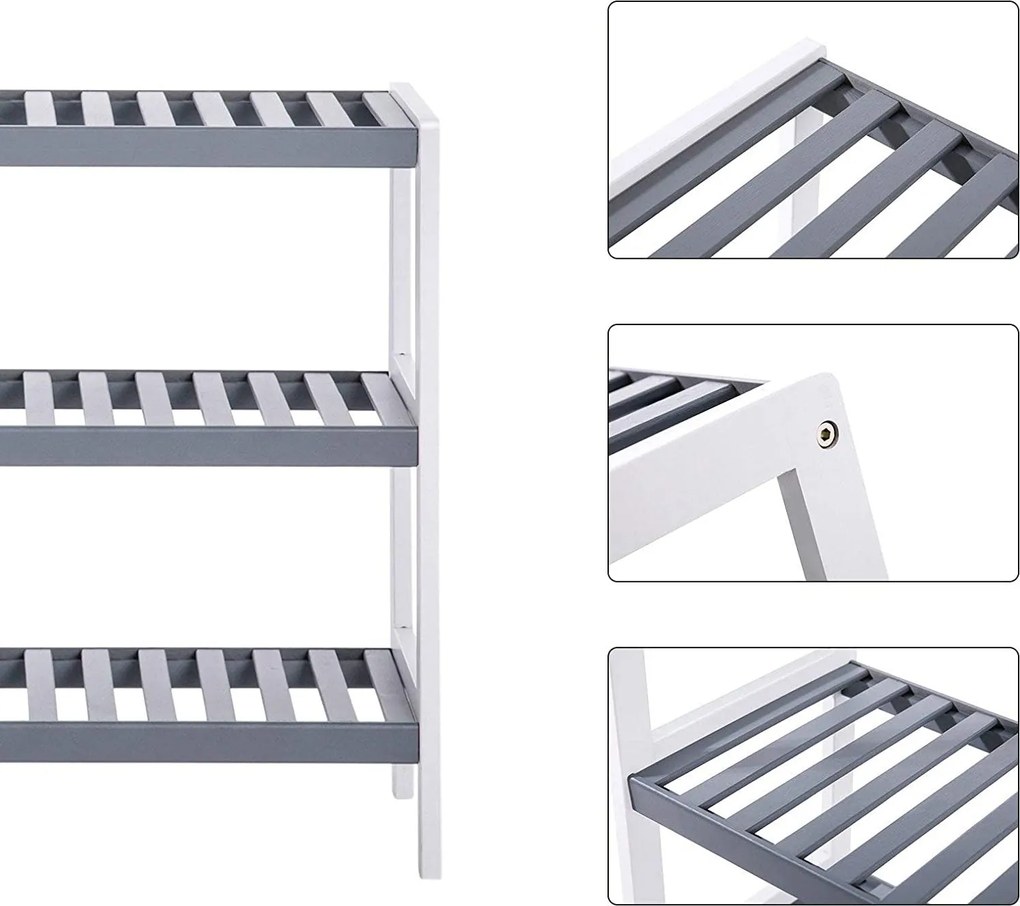 Bambusová polica, 3-úrovňová, biela a šedá