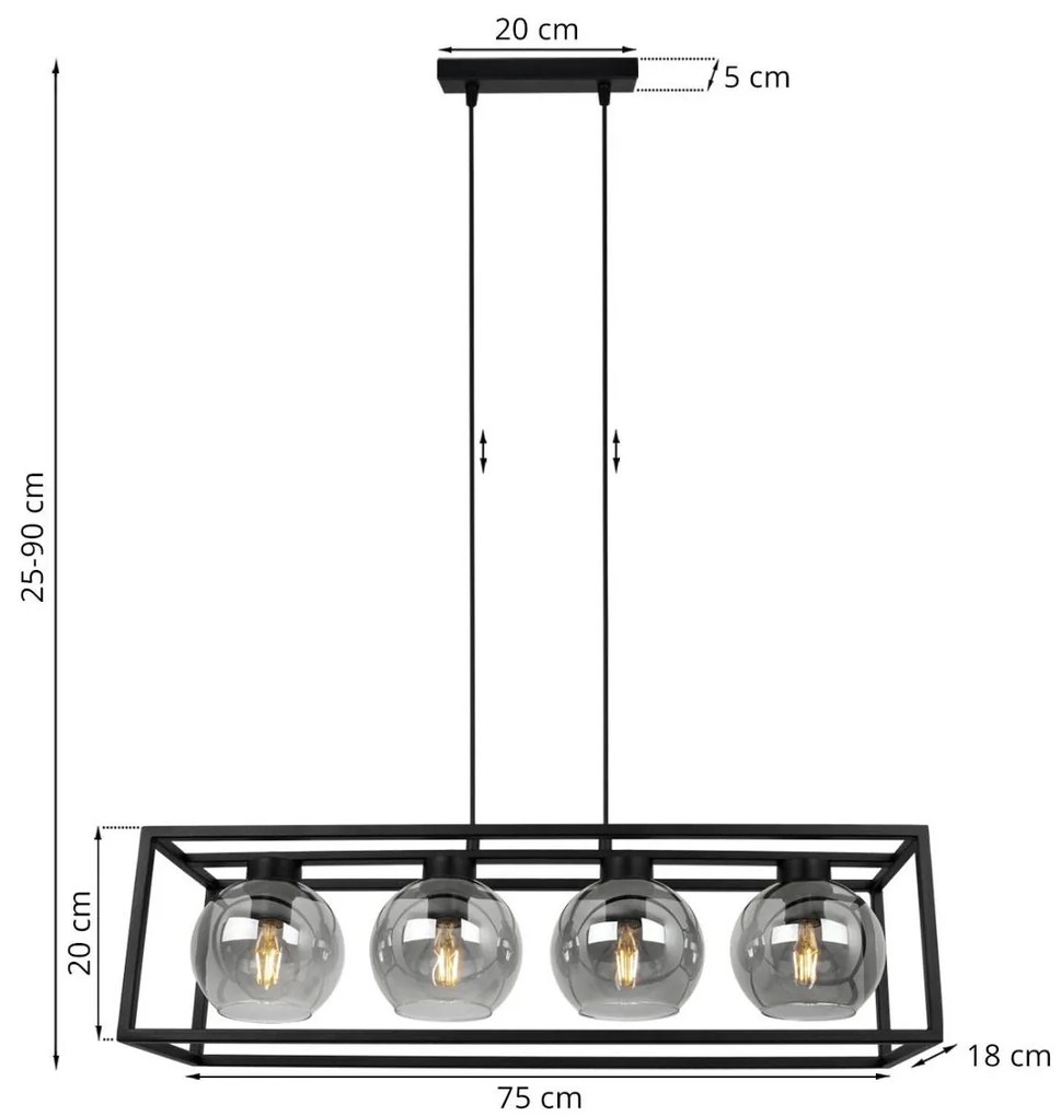 Závesné svietidlo Haga cage, 4x grafitové sklenené tienidlo v kovovom ráme