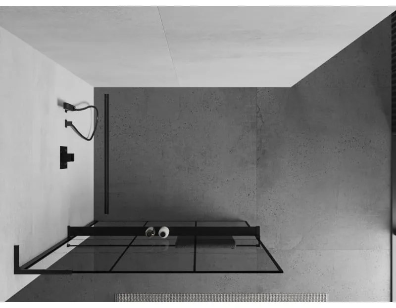 Mexen Kioto+ L, sprchová zástena Walk-In s poličkou a vešiakom 100 x 200 cm, 8mm číre sklo čierny vzor, čierny profil, 800-100-123-70-77