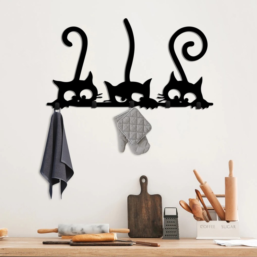Nástěnný kovový věšák Cats 60 cm černý