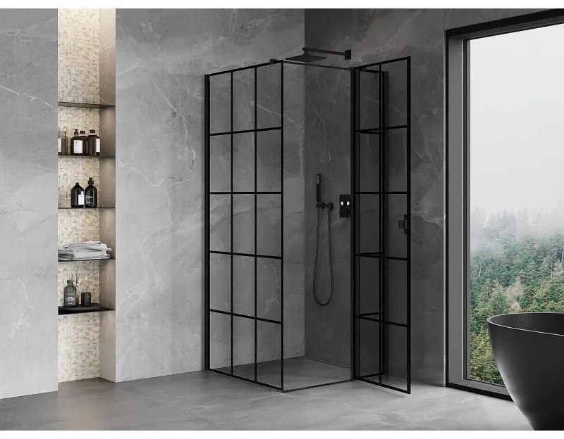 Mexen Mist T, sprchový kút s krídlovými dverami, pravý, 90 x 90 cm, 8mm číre sklo, čierny profil, 8A4T-090-090-70-77-P
