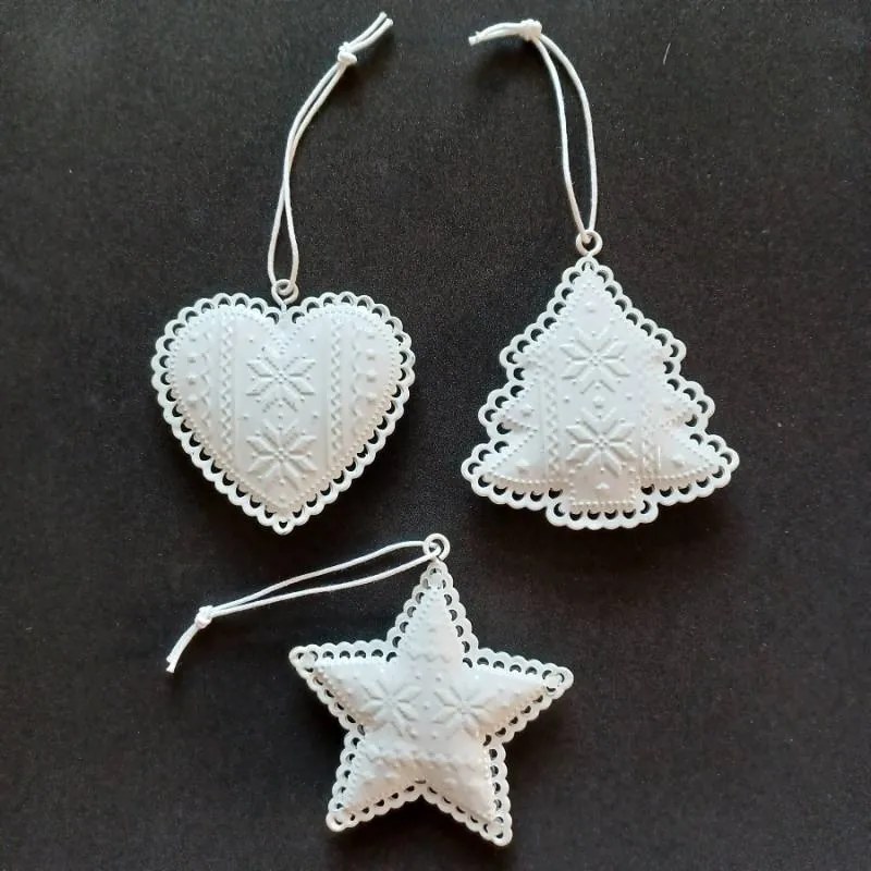 DECOLED Závěsná kovová dekorace, set: hvězda, srdce, strom 7 cm