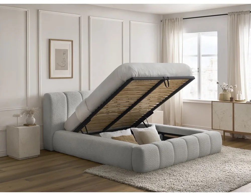 Svetlosivá čalúnená dvojlôžková posteľ s úložným priestorom s roštom 180x200 cm Denali – Bobochic Paris