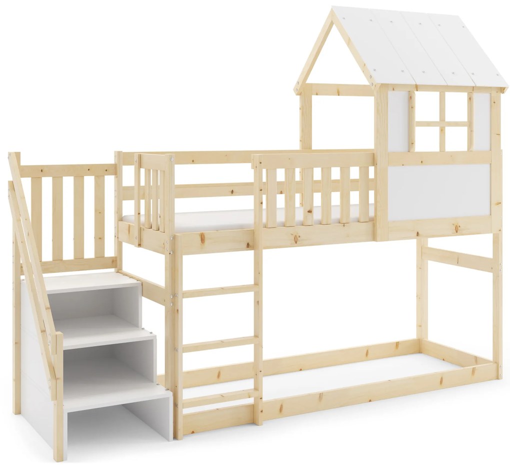 Posteľ ANTRESOLA 200×90 cm so schodíkmi a strieškou – borovica