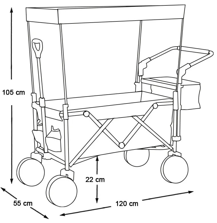 Skladací vozík so strechou, ťahací-tlačací, sivý