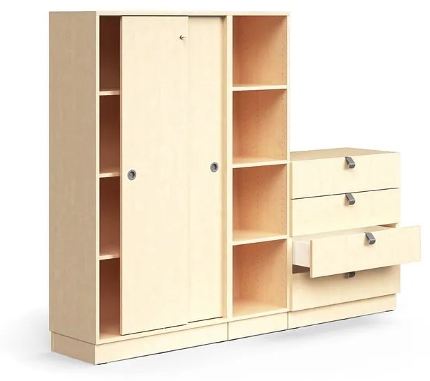 Uzamykateľná skriňa QBUS + 4 otvorené priehradky + 4 zásuvky, so soklom, 1636x2000x420 mm, breza