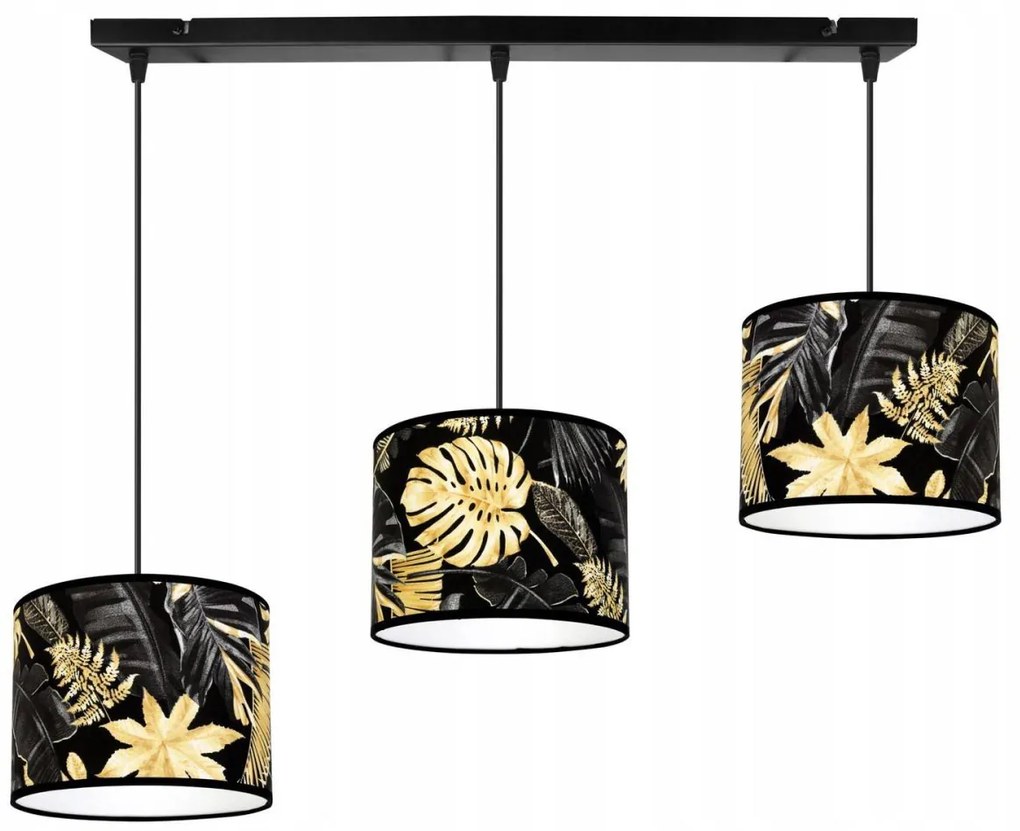 Závesné svietidlo Gold Flowers, 3x čierne textilné tienidlo s kvetinovým vzorom