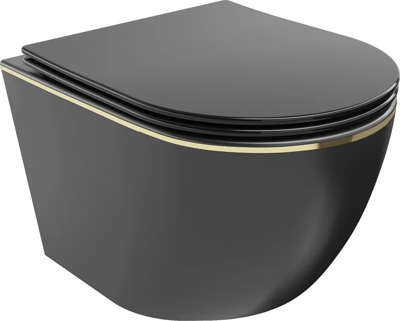 Mexen Lena wc misa Rimless s doskou s pomalým sklápáním slim, duroplast, čierna matná/zlatá línia - 30224075