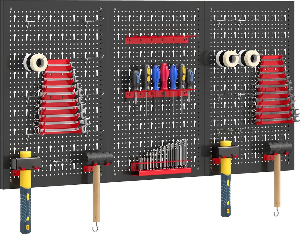 HOMCOM nástenný panel na náradie 60 × 40 cm, 28-dielny organizér s hákmi a priehradkami, čierna/červená | Aosom