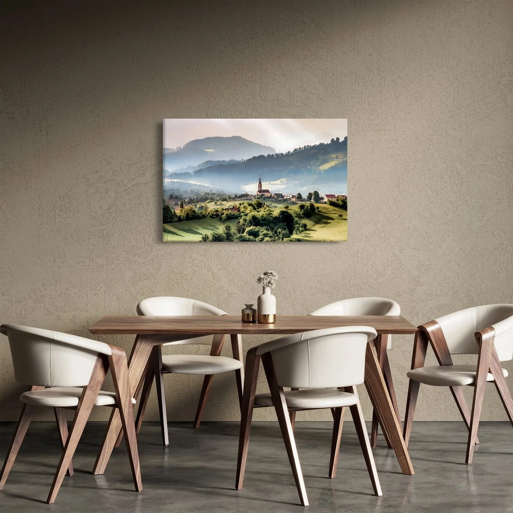 Obraz - dedinka v hmle (90x60 cm)