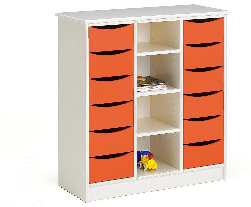 Zásuvková skrinka BJÖRKAVI, 12 zásuviek, 4 priehradky, 980x400x980 mm, biela, oranžová