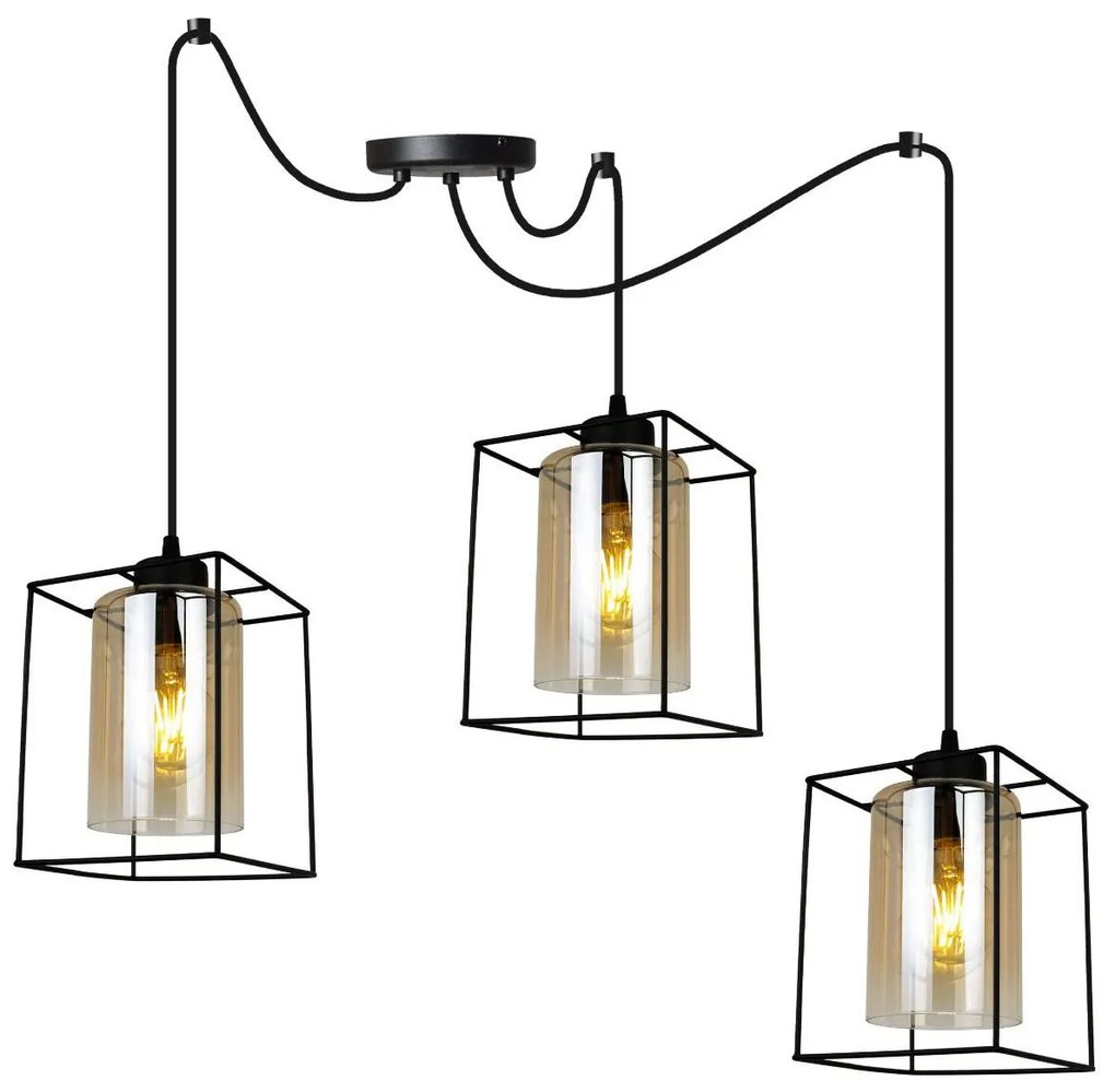 Závesné svietidlo Hella Cage Spider, 3x medové sklenené tienidlo v kovovom ráme