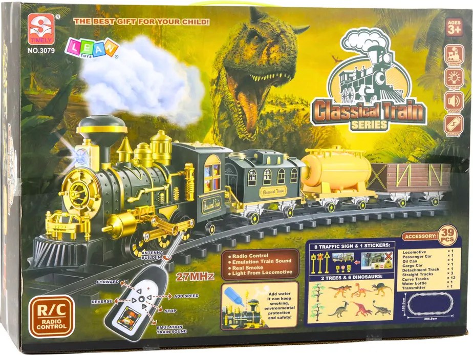 LEAN Toys Klasický železničný vlak RC Dinosaury Svetlá Zvuky Dym 39 el.