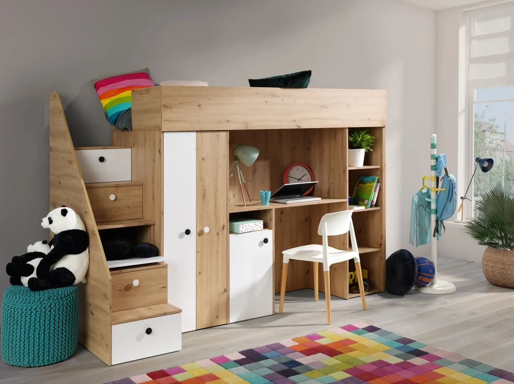 Detská kombinovaná posteľ 90 cm Sami 14 (dub artisan + matná biela + čierne madlá). Vlastná spoľahlivá doprava až k Vám domov. 1085821