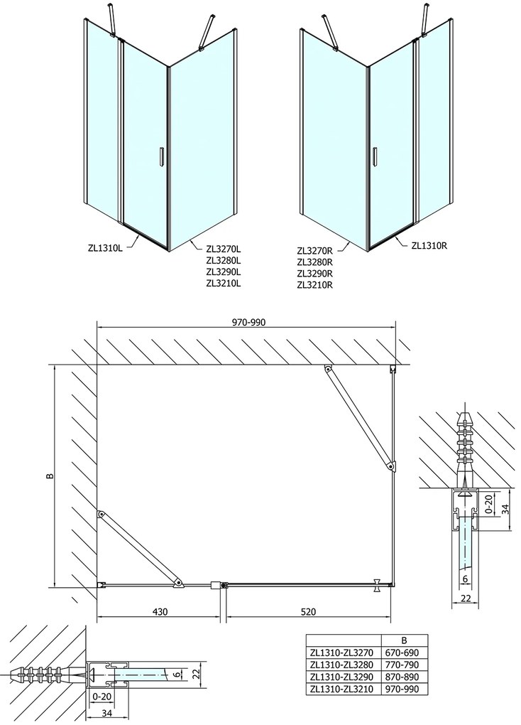Polysan Polysan, ZOOM obdĺžniková sprchová zástena 1000x700mm L/P varianta, ZL1310ZL3270