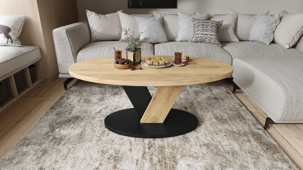 LOVA Craft Zlatý dub/Čierny - OVÁLNY KONFERENČNÝ STOLÍK 110 × 60 cm MODERNÝ KÁVOVÝ STOLÍK