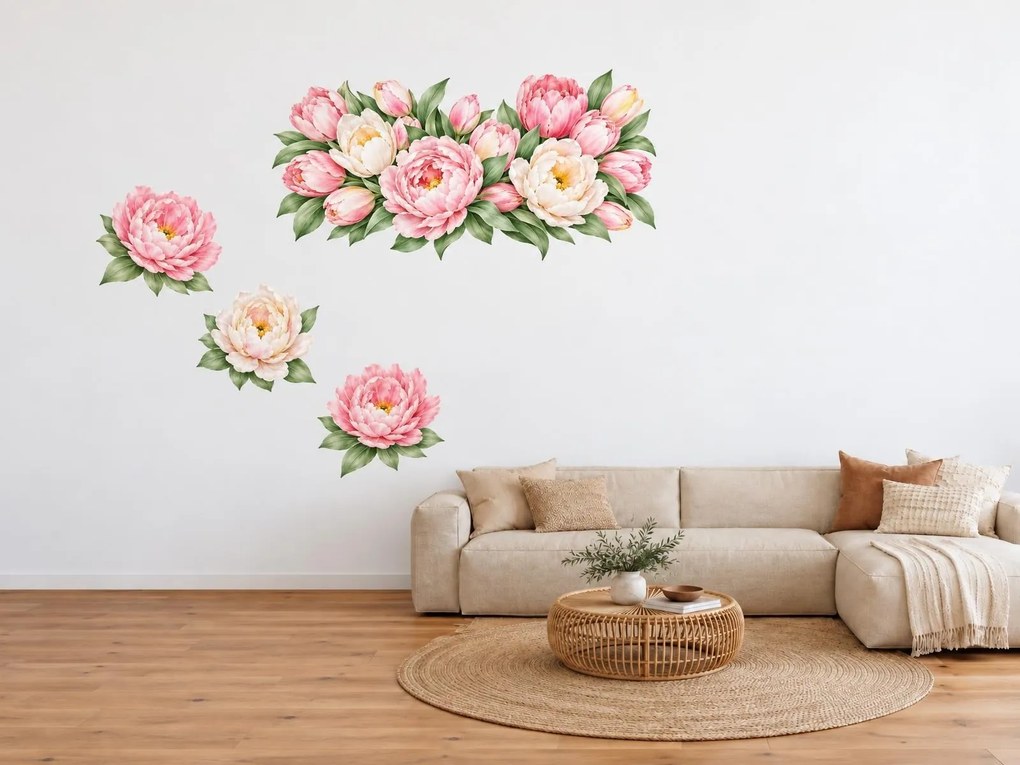Pivónie a tulipány jarné akvarelové nálepky do spálne na stenu arch 75 x 56 cm