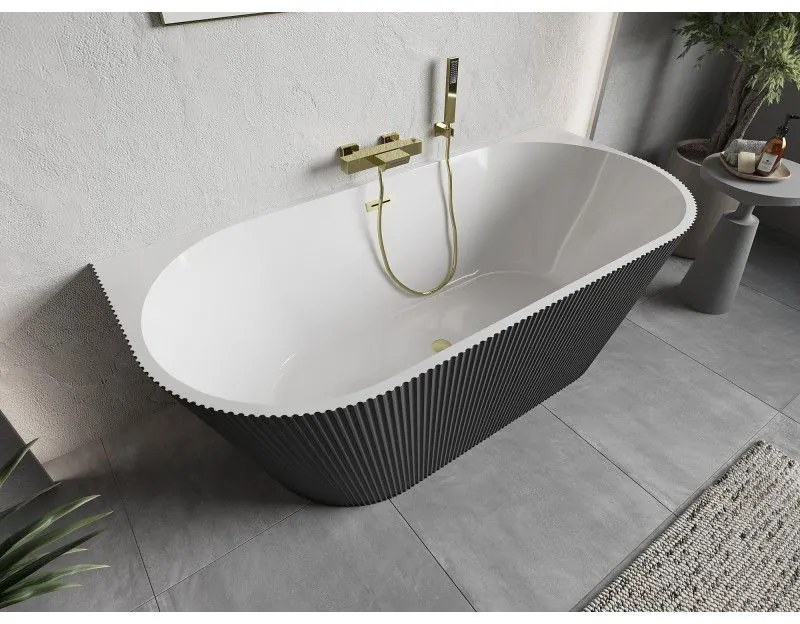 Mexen Oris, voľne stojaca ryhovaná vaňa 150 x 75 cm, biela-šedá, zlatý matný prepad, 52871507562-55