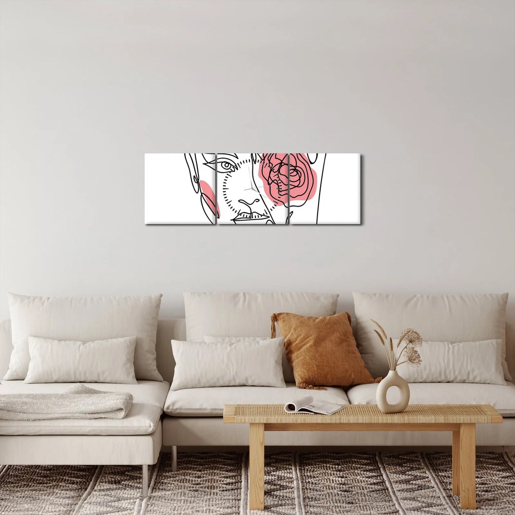 Obraz - Line art tvár s ružou (s hodinami) (90x30 cm)