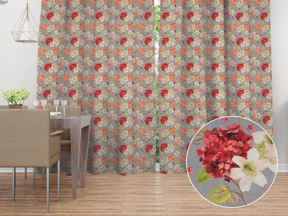Biante Dekoračný záves PML-092 Hortenzie a ľalie na sivom 145x260 cm
