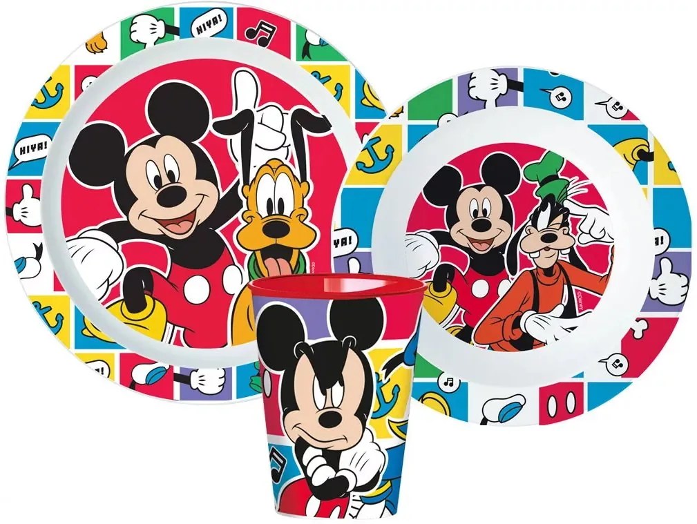 Súprava plastového riadu Disney - Mickey Mouse a Pes Pluto s kelímkom - 3 diely
