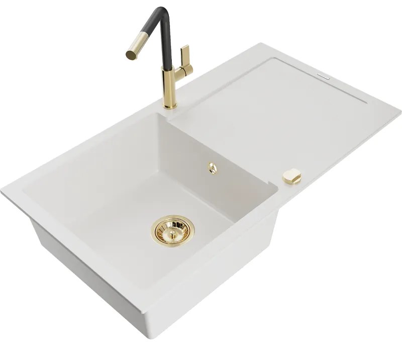 Mexen Leo, 1-komorový granitový drez 900x500x190 mm a drezová batéria Flora, biela, 6501-20-670401-57-G
