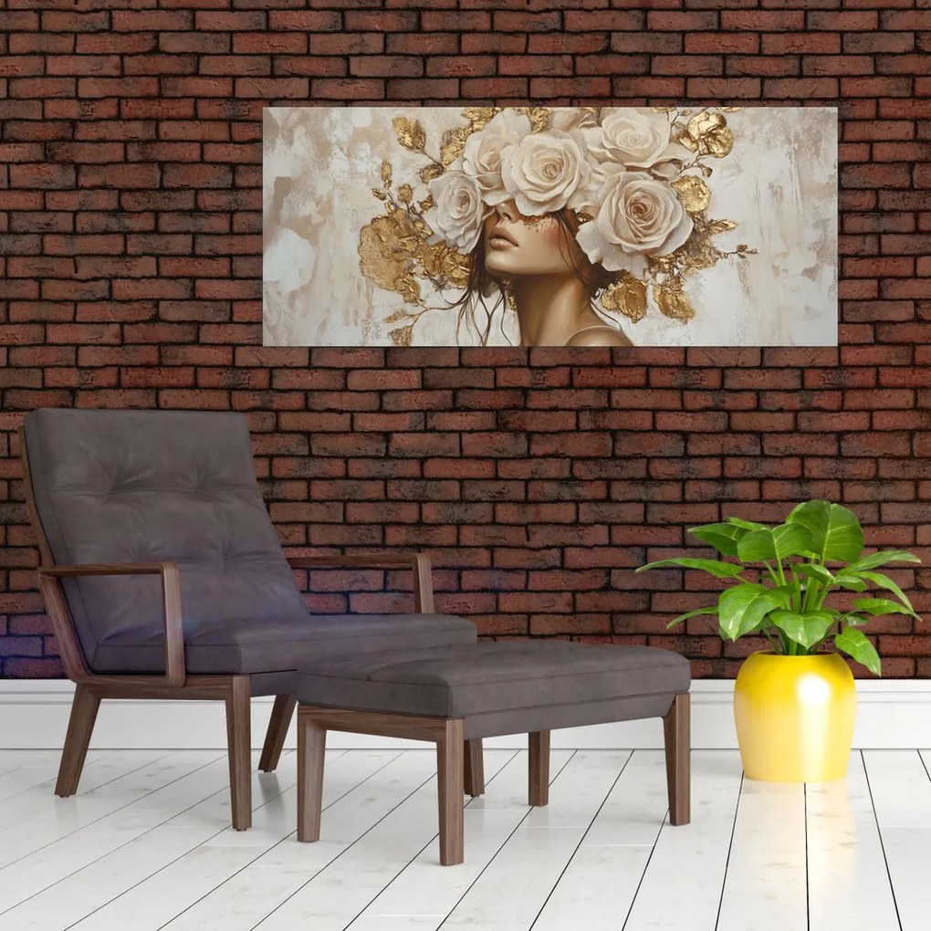 Obraz - Dievča s ružami (120x50 cm)