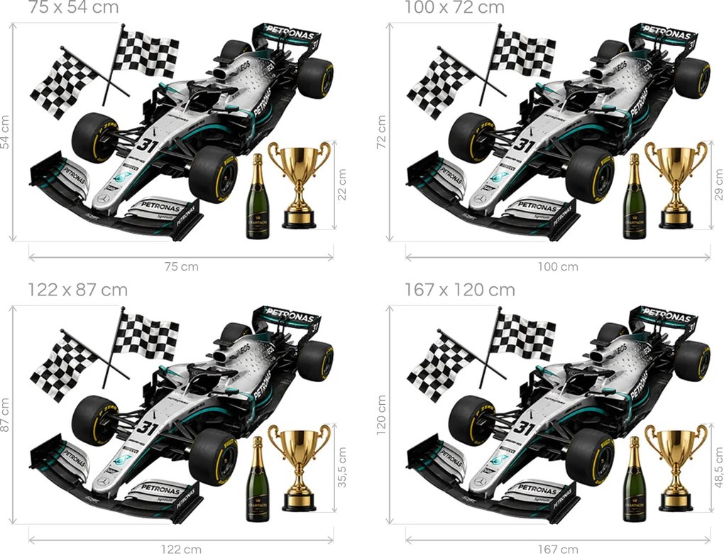 Strieborno-čierna formula F1 športové nálepky na stenu hárok 75 x 54 cm