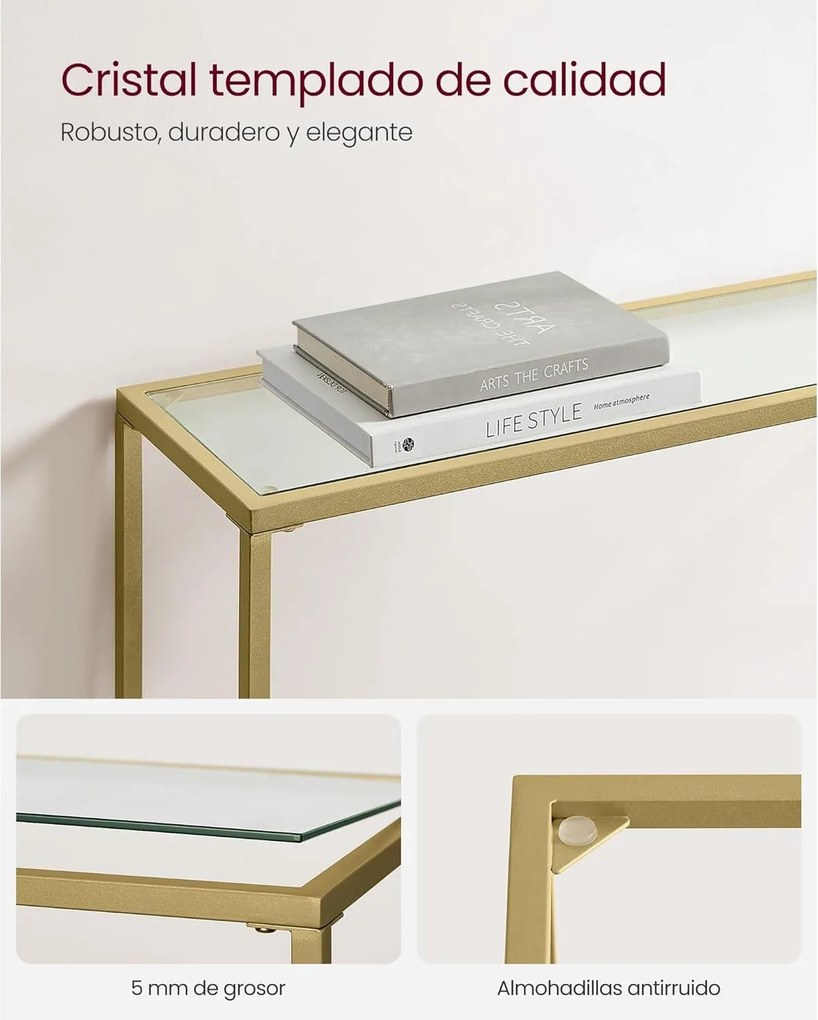 Konzolový stolík, bočný stolík, oceľový rám, tvrdené sklo, 20 x 100 x 80 cm, zlatá farba