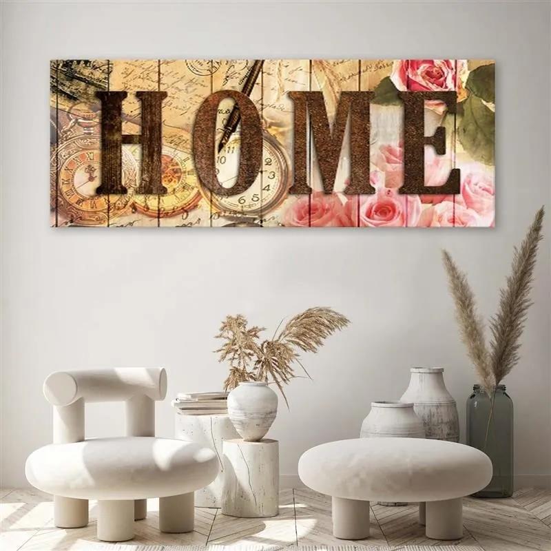 Obraz na plátně Home Retro Květiny Nápis - 120x40 cm