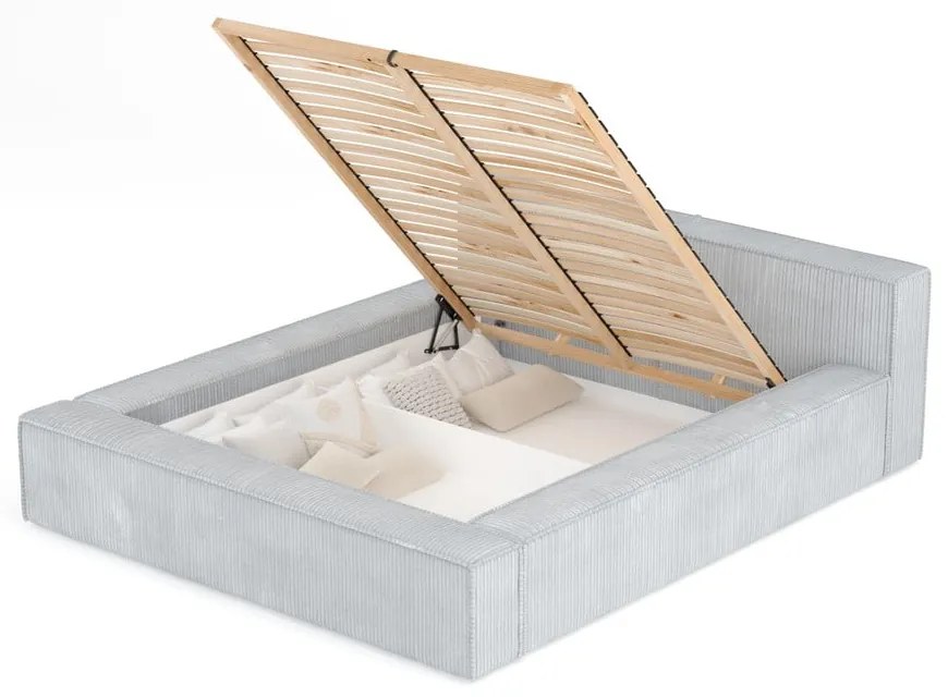 Svetlosivá čalúnená dvojlôžková posteľ s úložným priestorom s roštom 160x200 cm Voliera – Maison de Rêve