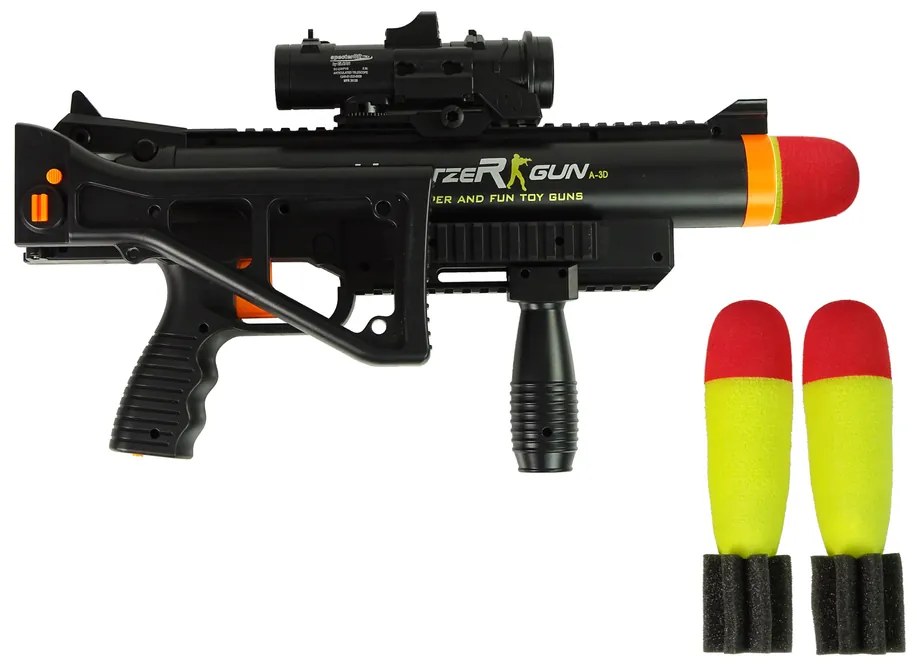 LEAN TOYS Puškový granátomet s baterkou, rakety - čierna