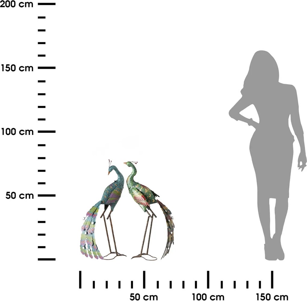 Záhradná kovová figúrka Peafowl Duo, 78 cm, zelená/modrá