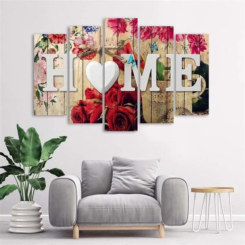 Obraz na plátně pětidílný Nápis Home s květy růží - 200x100 cm