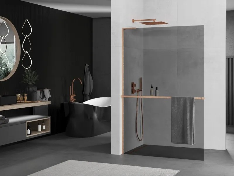 Mexen Kioto+ L, sprchová zástena Walk-In s poličkou a vešiakom 120 x 200 cm, 8mm šedé sklo, medený matný profil, 800-120-123-65-40