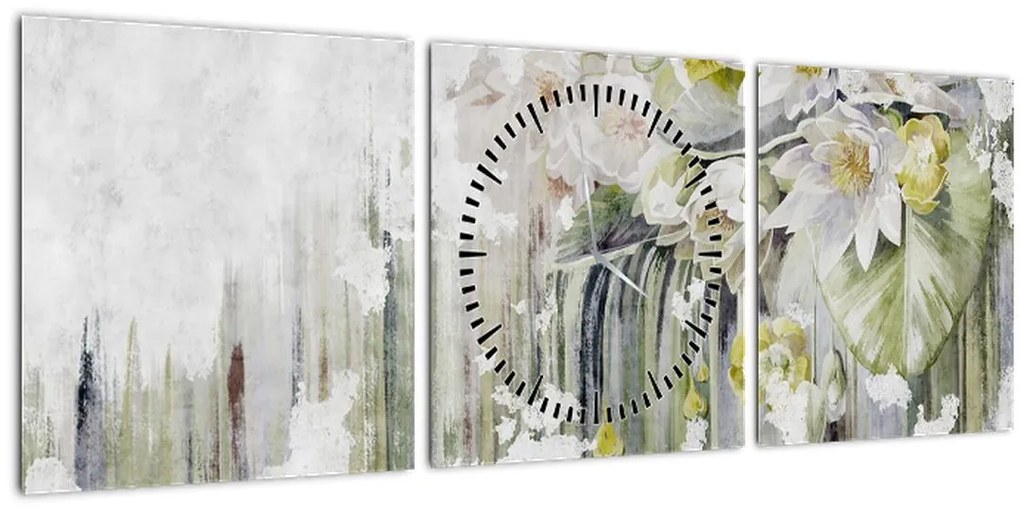 Obraz - Biele kvety, vintage (s hodinami) (90x30 cm)