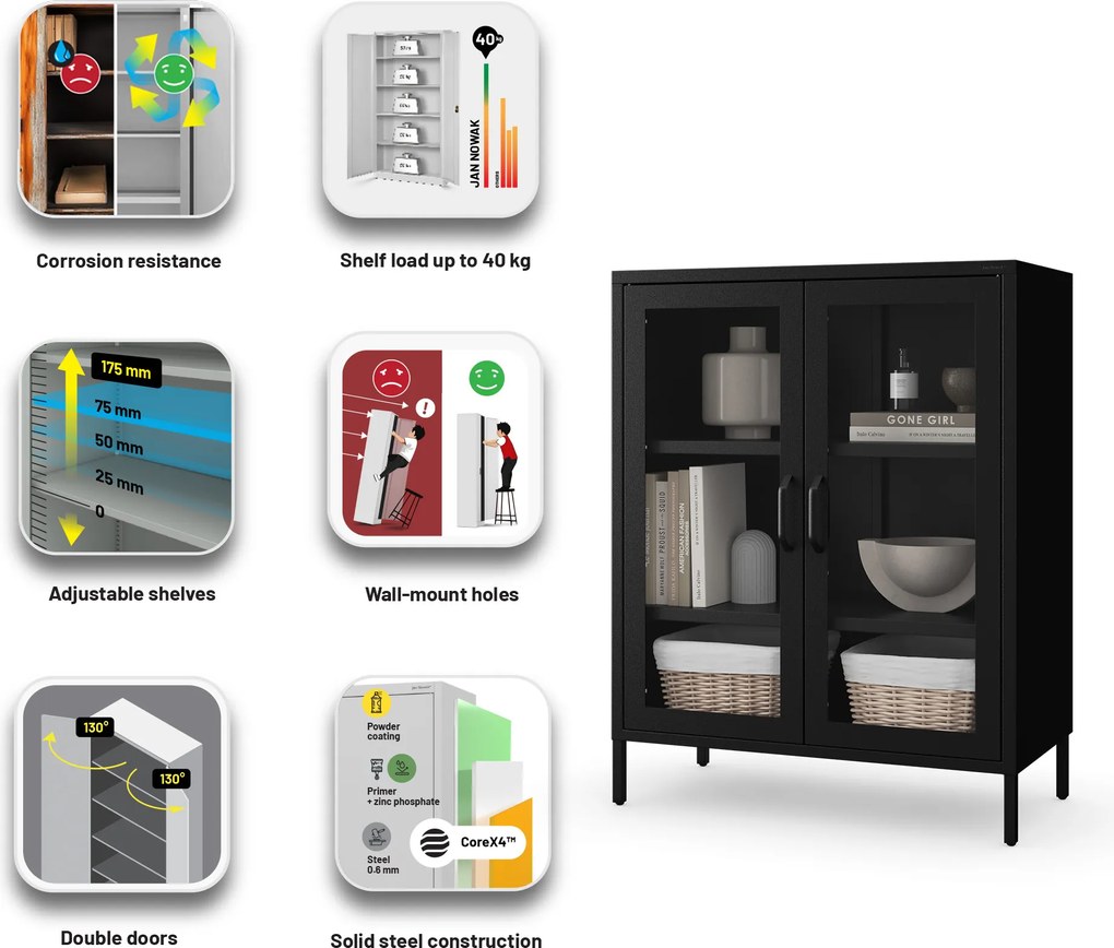 Čierna nízká sklenená vitrína GINA Modern 800 x 1015 x 400 mm