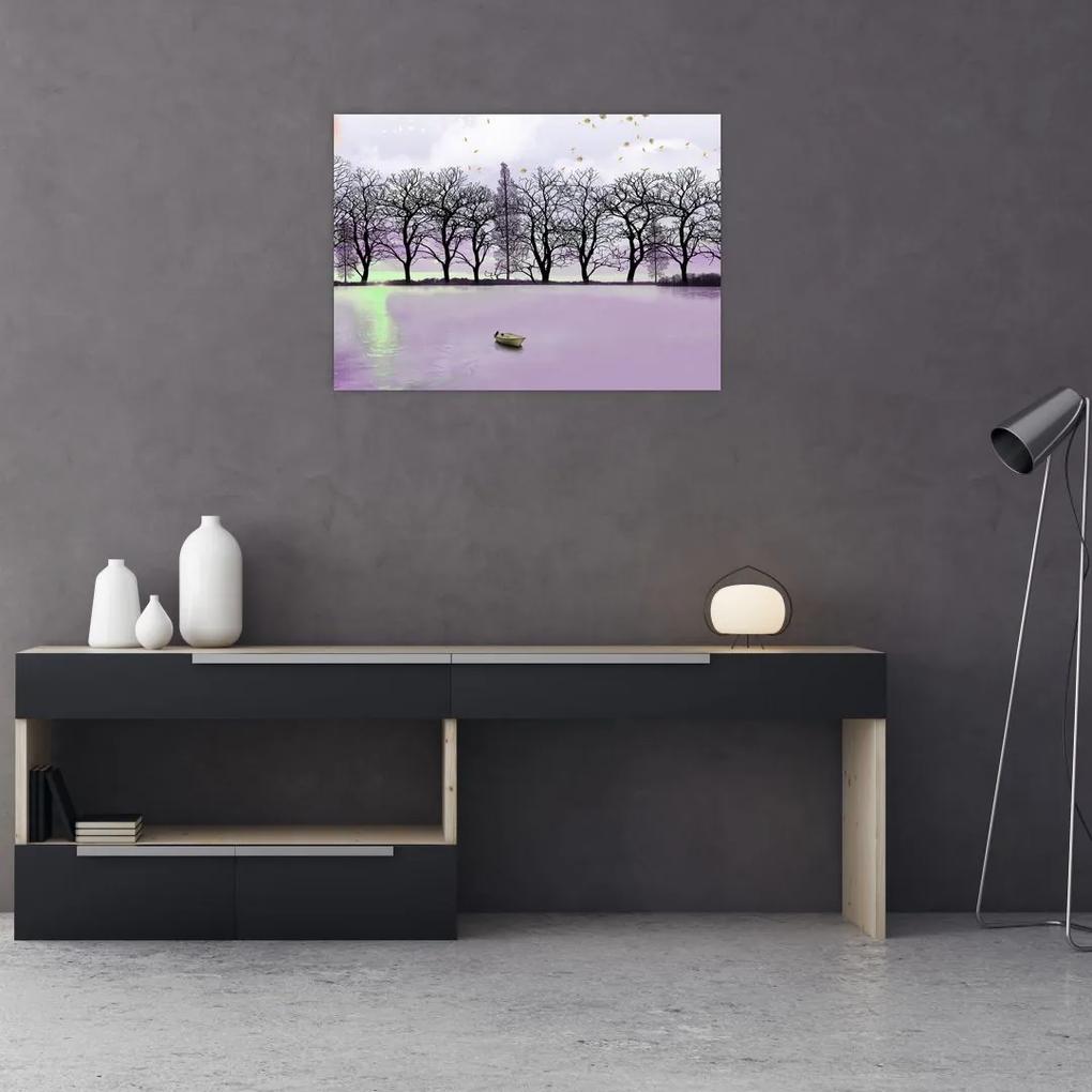 Sklenený obraz - Pramice na jazere (70x50 cm)