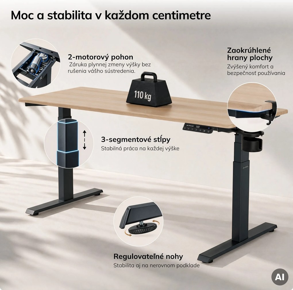Elektrický stôl s reguláciou výšky ergonomický antracitový/dub sonoma,1600x800 mm: ARIA