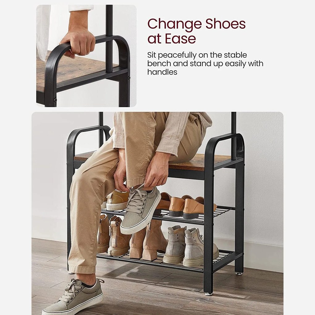 Stojan na kabáty s 9 háčikmi a botníkom, predsieňová stena, rustikálna hnedá