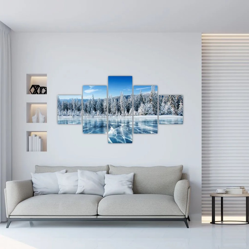 Obraz zamrznutého jazera a zasnežených stromov (125x70 cm), 40 ďalších rozmerov