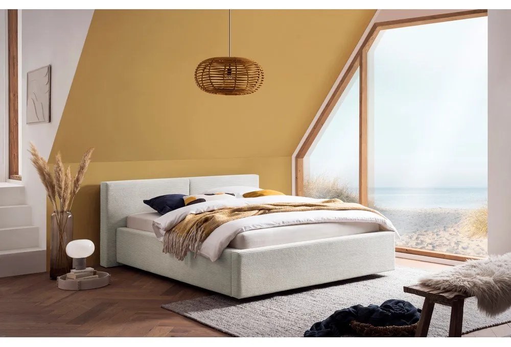 Béžová čalúnená dvojlôžková posteľ s úložným priestorom s roštom 140x200 cm Cube – Meise Möbel