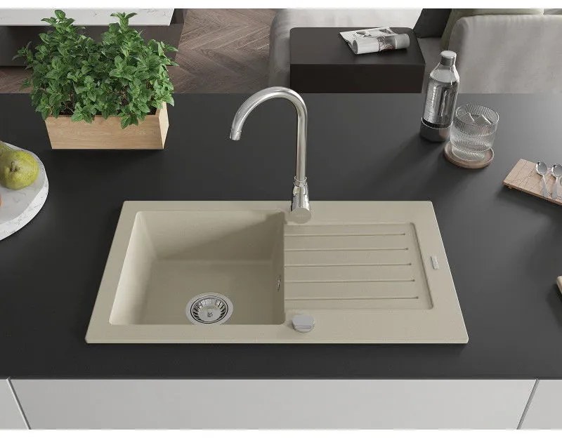 Mexen Pablo, granitový drez 752x436x161 mm, 1-komorový a chrómová batéria Telma, béžová, 6510-69-670200-00