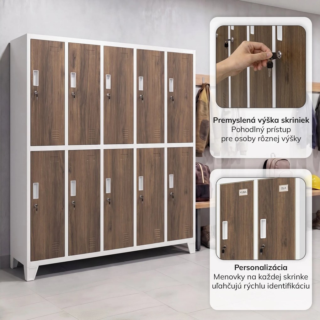 Šatňová skriňa BOZP 10-dverová biela/orech, 1360x1720x450 mm: BARTEK Eco Design
