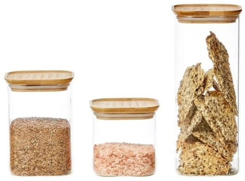 5Five® Súprava sklenených hranatých dóz s bambusovým vekom 0,5 l + 1 l + 1,8 l