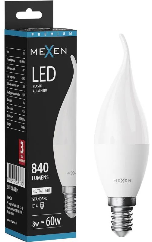 Mexen Nova, LED žiarovka plameň E14, C37, 8W, Teplá - 3000K, 840 lm - L106-E14-0830-01