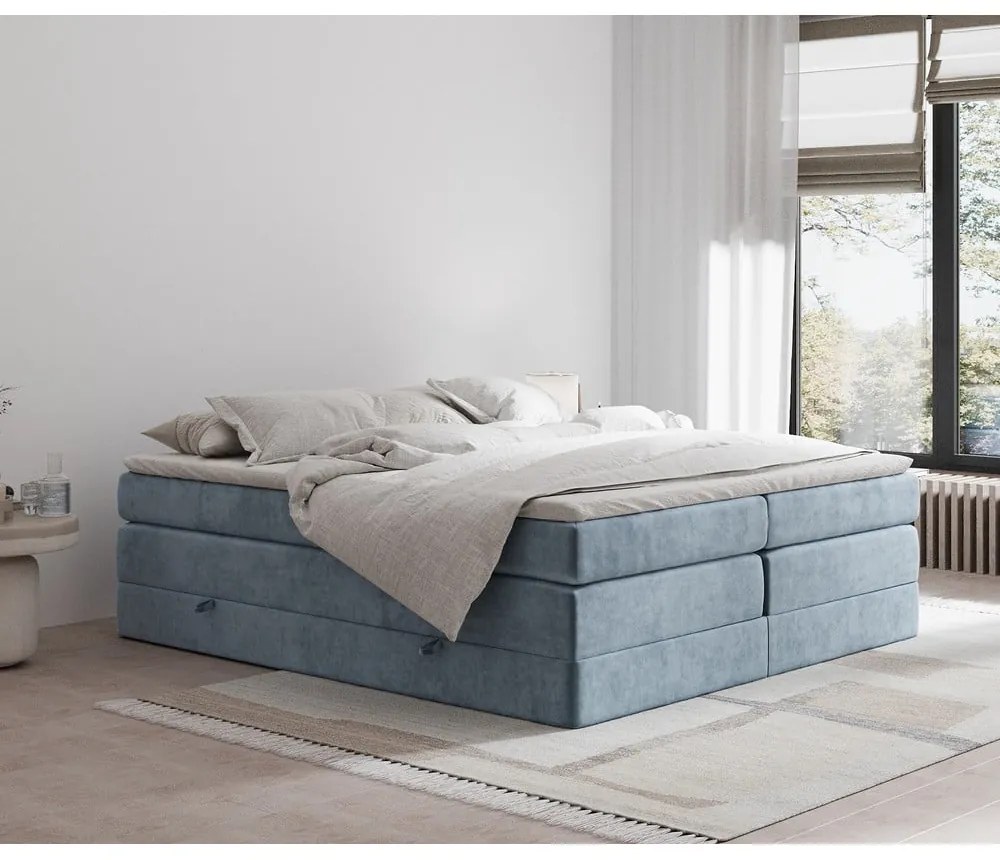 Modrá boxspring posteľ s úložným priestorom/bez čela 200x200 cm Juniper – Maison de Rêve