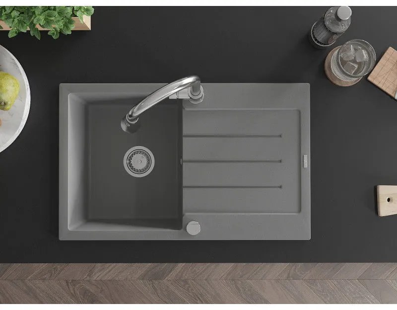 Mexen Bruno, 1-komorový granitový drez 795x495x200 mm a drezová batéria Elia, šedá, 6513-71-670101-00